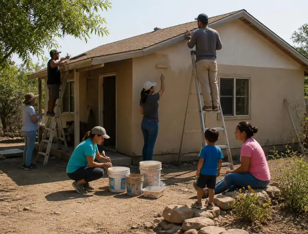 Volunteers reinforcing and repairing a home before storm season